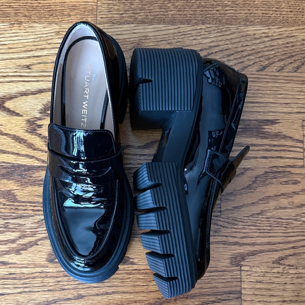 Stuart Weitzman SoHo Black Patent Chunky Platform Loafers